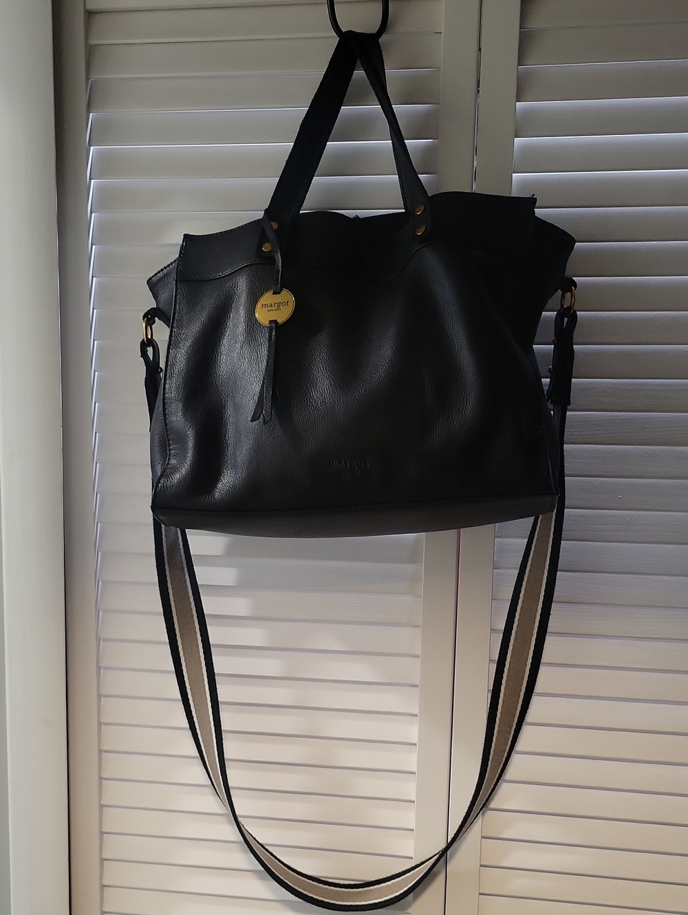 margot Black Leather Tote with Striped Convertible Strap